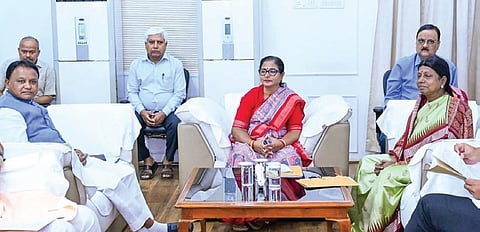 Assembly Speaker Surama Padhy with Chief Minister Mohan Charan Majhi and Opposition chief whip Pramila Mallick during the all-party meeting