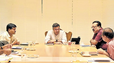 Delhi PWD and water minister Parvesh Verma chairs a meeting with Delhi government officials.