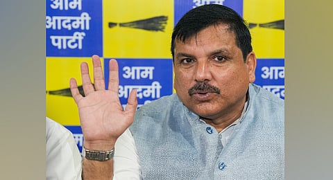 AAP MP and in-charge of Uttar Pradesh Sanjay Singh addresses a press conference , at party office, in Lucknow, Tuesday, Sept.16.2025.