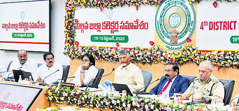 CM N Chandrababu Naidu, Deputy CM Pawan Kalyan, CS K Vijayanand, DGP Harish Kumar Gupta and other ministers at Collectors’ Conference on Tuesday | Express