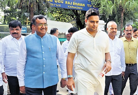 BJP leaders, including MP Yaduveer Wadiyar, leave Raj Bhavan after submitting a memorandum to the Governor against the caste census on Tuesday 
