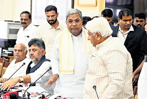 Chief Minister Siddaramaiah arrives to address the media after the cabinet meeting in Vidhana Soudha in Bengaluru on Tuesday