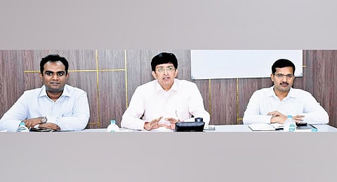 TNEB chairman J Radhakrishnan during the high-level meeting with senior officials on Monday 