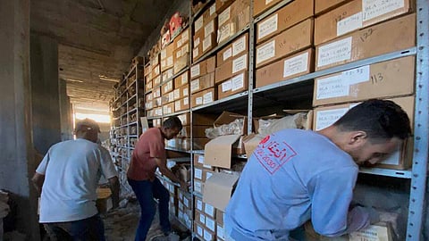 This photo provided by Première Urgence Internationale, archaeological artifacts packed for transit in an attempt to protect them from an Israeli strike are located on an open-bed truck in Gaza City, Gaza Strip on Thursday, Sept. 11, 2025.