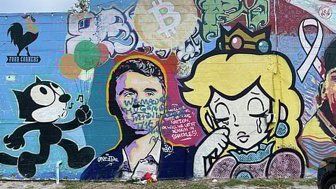 A vandalised memorial mural of Charlie Kirk in Edinburg, Texas