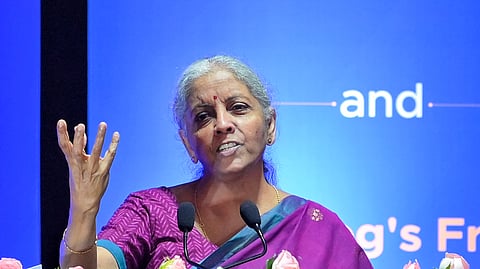 Union Finance Minister Nirmala Sitharaman addresses an event in New Delhi.