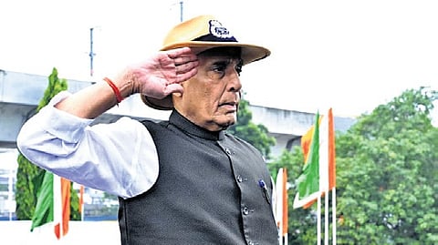 Defence Minister Rajnath Singh salutes the War Memorial at Parade Ground in Secunderabad after laying a wreath.