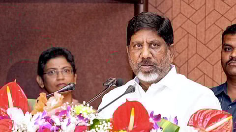 Deputy Chief Minister Bhatti Vikramarka speaks during a Meeting with Traders Associations on GST at MCHRD.