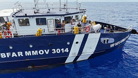 In this photo provided by the Philippine Coast Guard, the Filipino fisheries vessel, the BRP Datu Gumbay Piang, is seen in the South China Sea on Tuesday, Sept. 16, 2025.