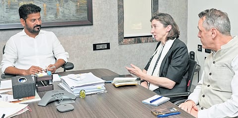 Chief Minister A Revanth Reddy with British High Commissioner Lindy Cameron during a meeting in Hyderabad on Thursday.