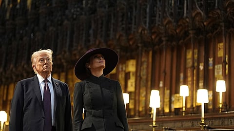 US President Donald Trump and First Lady Melania Trump attend their visit to St. George's Chapel at Windsor Castle, in Windsor, England, Wednesday, Sept. 17, 2025.
