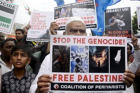  A mass rally and protest organised by the Periyarist Collective against Israel's ongoing genocide in Gaza, on Friday in Chennai.