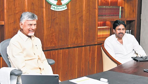 CM N Chandrababu Naidu and Dy CM Pawan at a meeting with their Cabinet colleagues on Assembly premises.