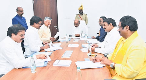 Chie Minister Nara Chandrababu Naidu at the BAC meeting, held under the chairmanship of Speaker Chintakayala Ayyanapatrudu, on Thursday.