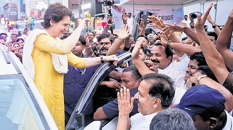 Wayanad MP Priyanka Gandhi greeting party workers during ‘Walk Against Drugs’ walkathon led by senior Congress leader Ramesh Chennithala in the district