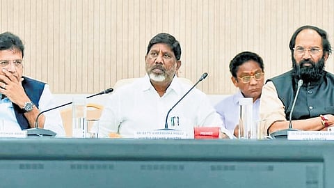 Deputy Chief Minister Mallu Bhatti Vikramarka addresses a meeting on infrastructure and capital works at the Secretariat in Hyderabad on Friday.