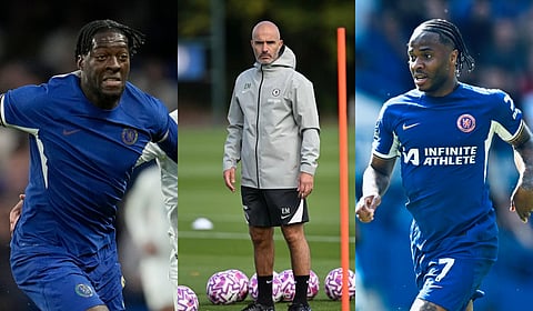 Axel Disasi(L), Chelsea Coach Enzo Maresca (C) and Raheem Sterling