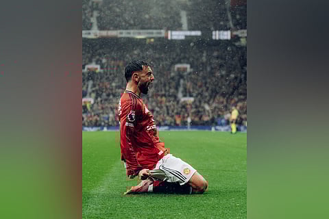 Bruno Fernandes celebrates after scoring his 100th goal for Manchester United in all competitions