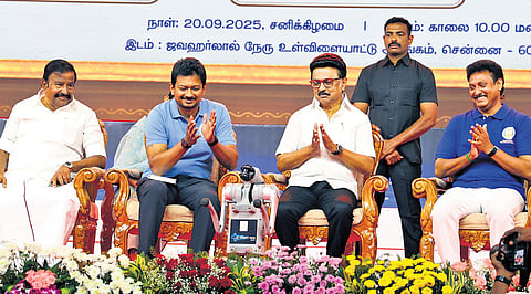 CM M K Stalin, Deputy CM Udhayanidhi Stalin and School Education Minister Anbil Mahesh Poyyamozhi at Saturday’s event in Chennai.