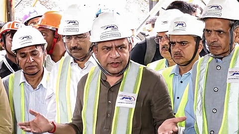 Railway Minister Ashwini Vaishnaw addresses the media during an inspection of the Mumbai-Ahmedabad high-speed rail project.