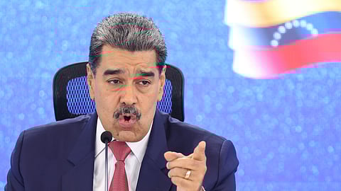 Venezuelan President Nicolas Maduro gives a press conference in Caracas, Venezuela, Monday, Sept 15, 2025.