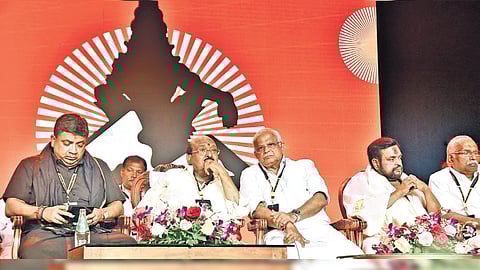Tamil Nadu IT Minister Palanivel Thiaga Rajan, SNDP Yogam general secretary Vellappally Natesan, NSS vice-president M Sangeeth Kumar, thantri Kandararu Mohanaru, and Gokulam Group head Gokulam Gopalan attending the Global Ayyappa Sangamam at Pampa