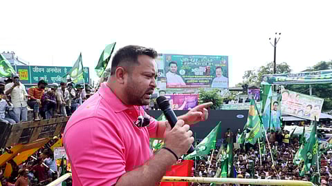 Leader of the Opposition in Bihar Assembly and RJD leader Tejashwi Yadav addresses a public gathering during the party's 'Bihar Adhikar Yatra' at Sarairanjan Assembly constituency in Samastipur on Saturday.