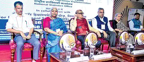 CDS director Prof Veeramani; DG, NSS, Geeta Singh Rathore; former cabinet secretary K M Chandrasekhar; MoSPI secretary Saurabh Garg, and director, Centre for Development Alternatives, Indira Hirway, at the Data User’s Conference on the Time Use Survey. 