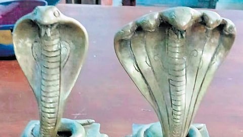 Two ancient serpent idols from the depths of the Arabian Sea near Azheekkal, Tanur.