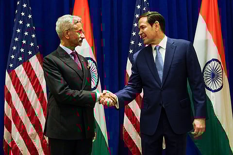 U.S. Secretary of State Marco Rubio shakes hands with Indian External Affairs Minister S. Jaishankar at the Lotte New York Palace Hotel on the sidelines of the 80th United Nations General Assembly at the United Nations headquarters, Monday, Sept. 22, 2025.