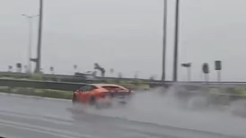 Screengrab of a speeding Lamborghini car rammed into divider on Coastal Road in Mumbai on Sunday