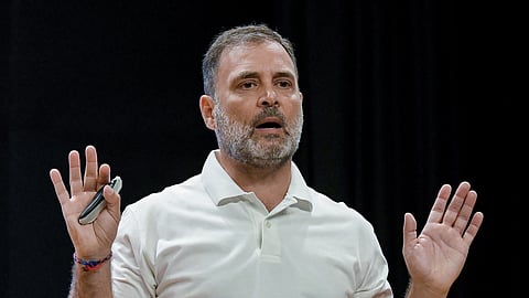 In this photo from Sept. 18, 2025,: Lok Sabha LoP and Congress leader Rahul Gandhi adresses a press conference at the party Headquarters, in New Delhi.