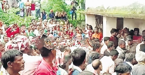 Farmers protesting outside Maulabhanja primary agriculture cooperative society office
