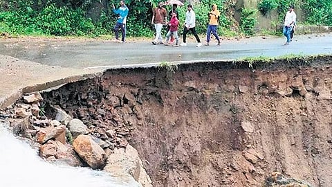 A portion of the road damaged due to landslide at Mankadajhola in Malkangiri