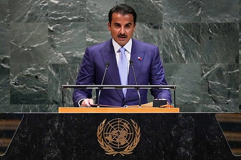 Emir of Qatar Sheikh Tamim bin Hamad Al Thani addresses the 80th session of the United Nations General Assembly, Tuesday, Sept. 23, 2025.