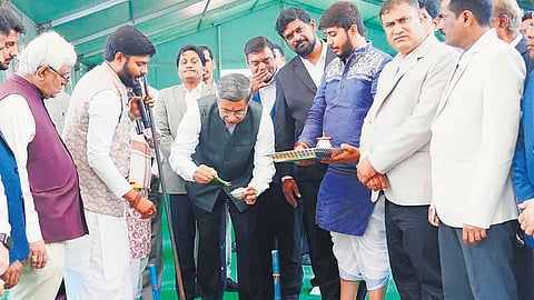CJ Aparesh Kumar Singh performs bhumi puja for the construction of the state-of-the-art new Telangana High Court complex on 100 acres at Rajendranagar.