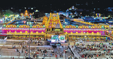 The illuminated Tirumala temple for the annual Brahmotsavams