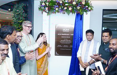 Telangana Minister for IT and Industries Duddilla Sridhar Babu inaugurating a Global Capability Centre (GCC).