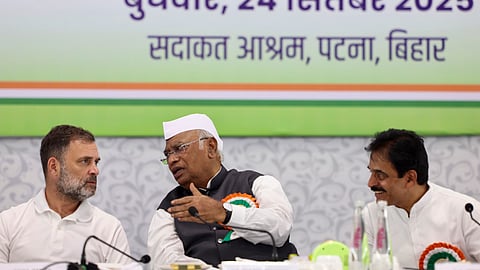  Congress President Mallikarjun Kharge with party leader and LoP in the Lok Sabha Rahul Gandhi and AICC General Secretary K.C. Venogopal during the extended Congress Working Committee (CWC) meeting, in Patna.