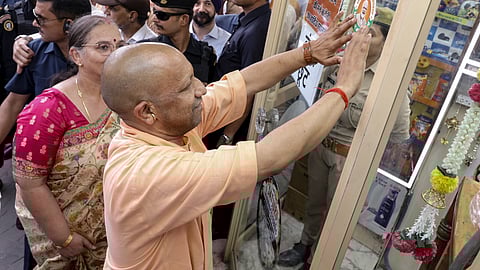 Uttar Pradesh CM Yogi Adityanath during an interaction with businessmen regarding 'GST Bachat Utsav', after the implementation of the next-gen GST reforms, in Lucknow.