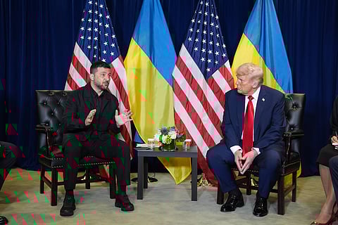 President Donald Trump meets with Ukrainian President Volodymyr Zelenskyy during the United Nations General Assembly, Tuesday, Sept. 23, 2025, in New York. 