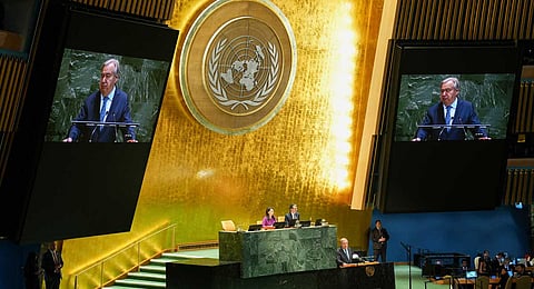 Secretary General Antonio Guterres addresses the 80th session of the United Nations General Assembly, Tuesday, Sept. 23, 2025, at UN headquarters.