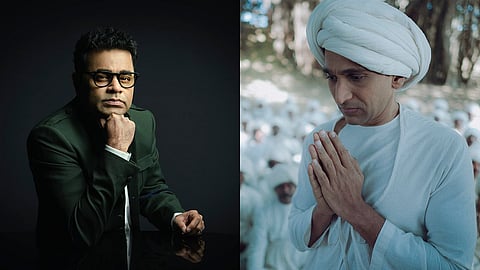 AR Rahman (L) and a Pratik Gandhi as Mahatma Gandhi in a still from Hansal Mehta's series Gandhi (R)