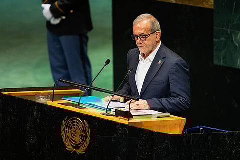 Iran President Masoud Pezeshkian speaks during the 80th session of the United Nations General Assembly, Wednesday, Sept. 24, 2025, at U.N. headquarters.