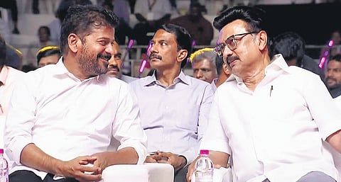 Chief Minister A Revanth Reddy speaks to his Tamil Nadu counterpart MK Stalin during a state programme in Chennai on Thursday