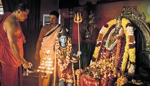 Priests performing pooja to the Utsav Idols of Goddess Kanaka Durga.