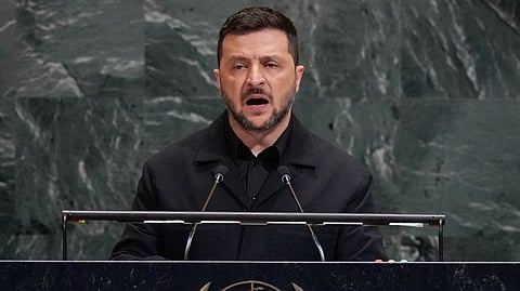 Ukraine President Volodymyr Zelenskyy addresses the 80th session of the United Nations General Assembly, Wednesday, Sept. 24, 2025.