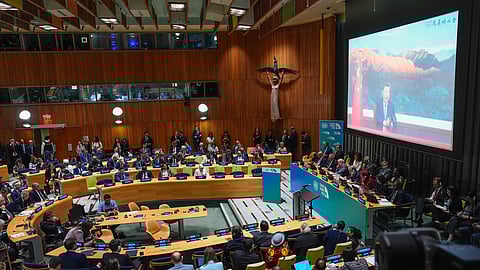 Chinese President Xi Jinping virtually addresses a climate summit, Wednesday, Sept. 24, 2025, at UN headquarters.