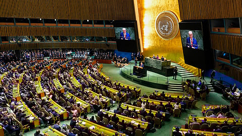 US President Donald Trump addresses the United Nations General Assembly at UN headquarters in New York, Sept. 23, 2025.
