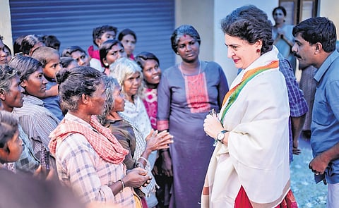 Priyanka Gandhi Vadra interacting with the residents of Chettiyalathoor tribal settlement in Wayanad 